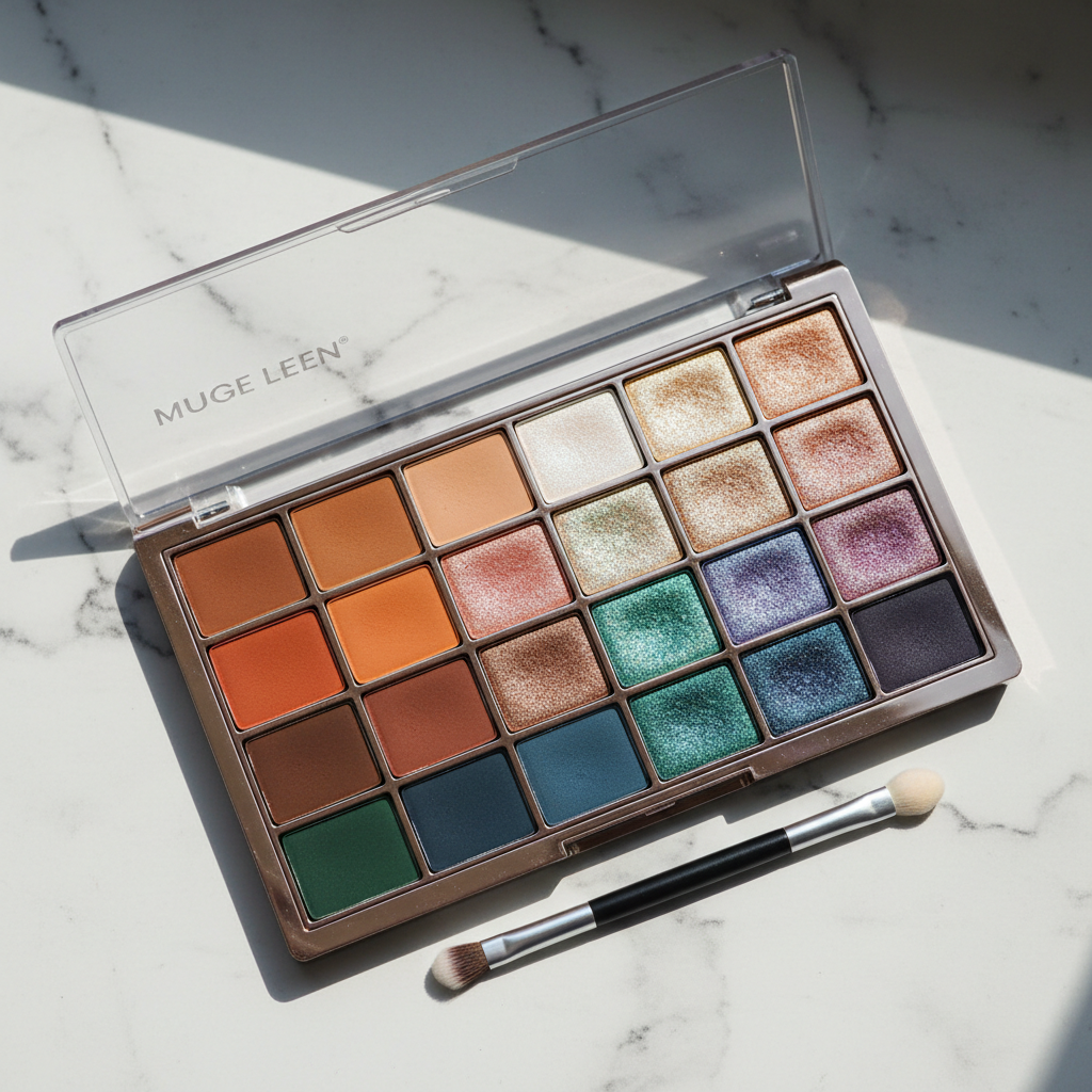 Muge Leen 25 color eyeshadow palette open showing matte and shimmer shades on white marble