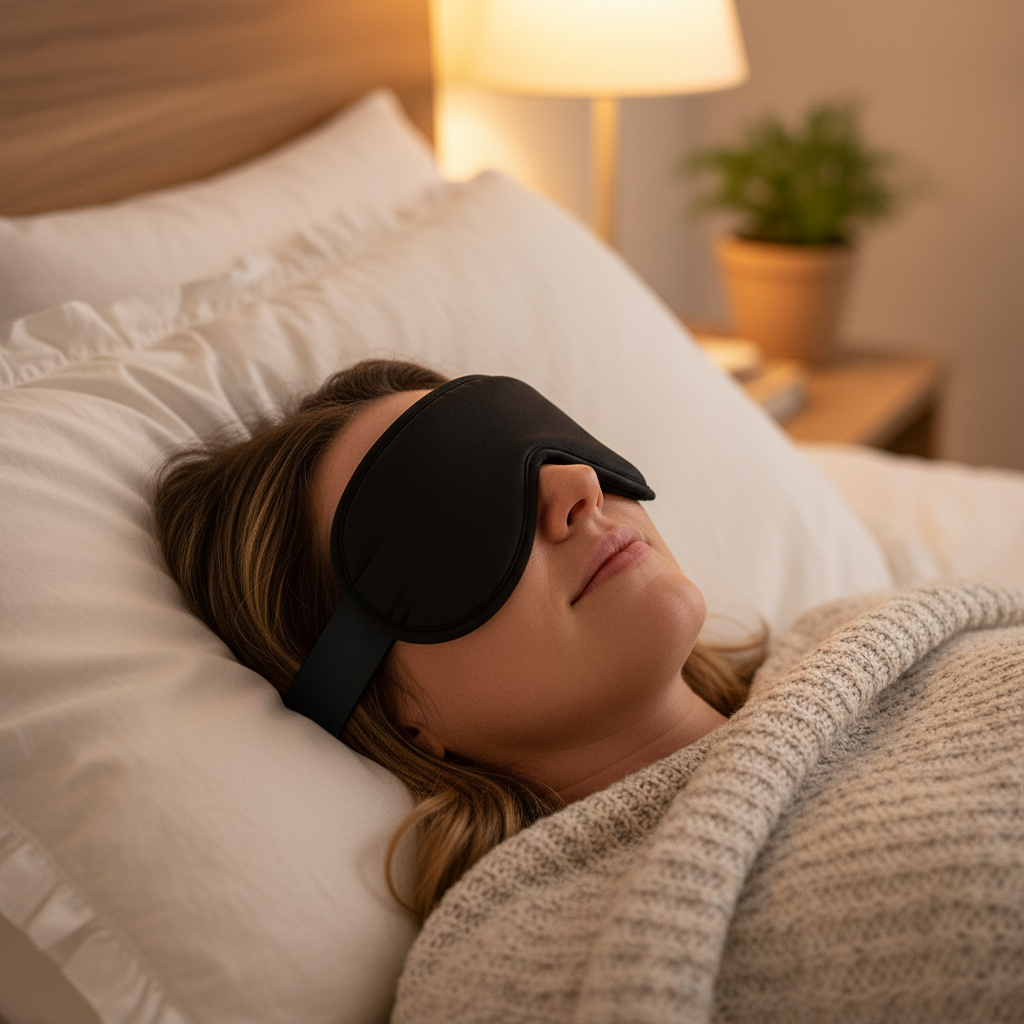 Person wearing 3D memory foam sleep mask in bed peaceful sleep