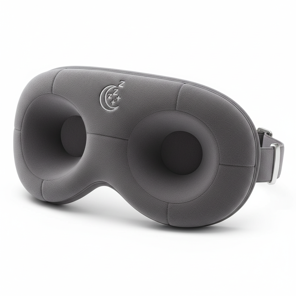 Close up of 3D contoured memory foam sleep mask showing soft padding and eye cavity design
