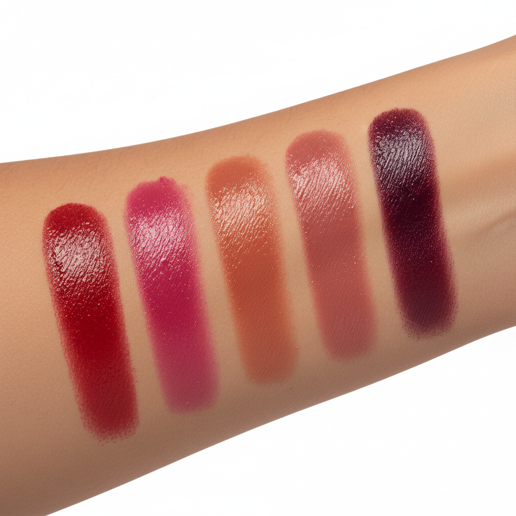 5 lipstick shades swatched on skin showing rich pigment and moisturising finish