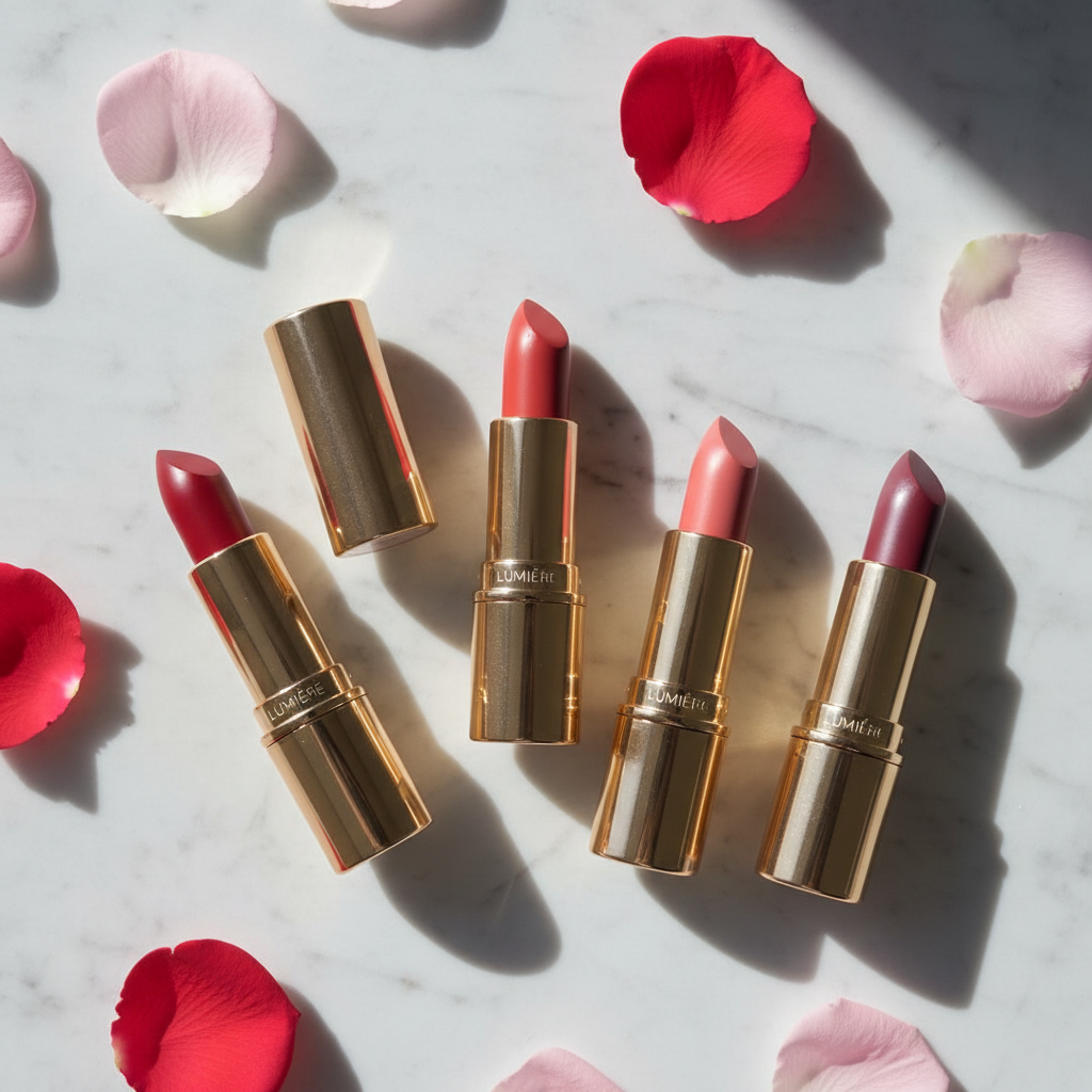5-piece lipstick set collection arranged on white marble with rose petals multiple shades