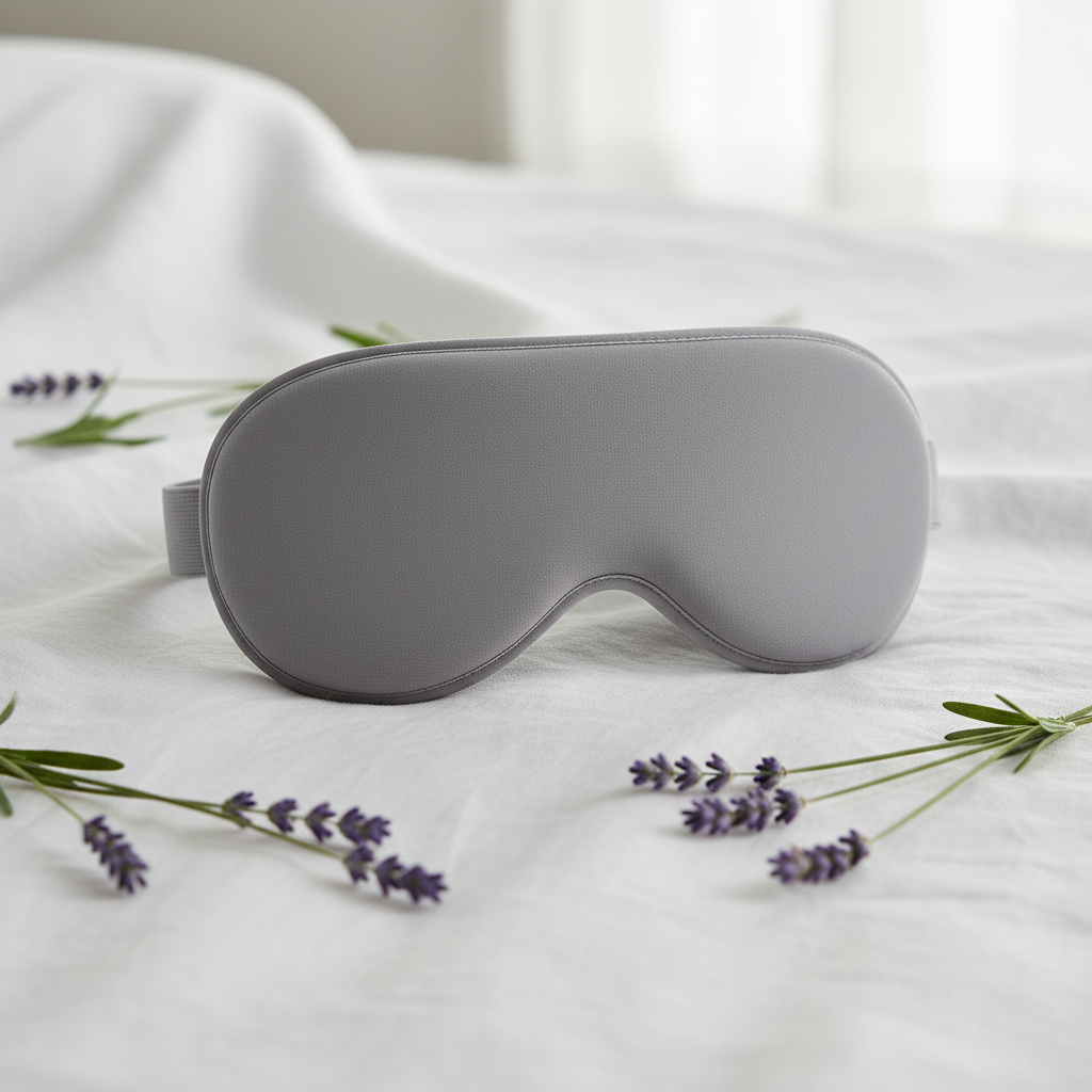3D memory foam sleep mask on white linen with lavender sprigs