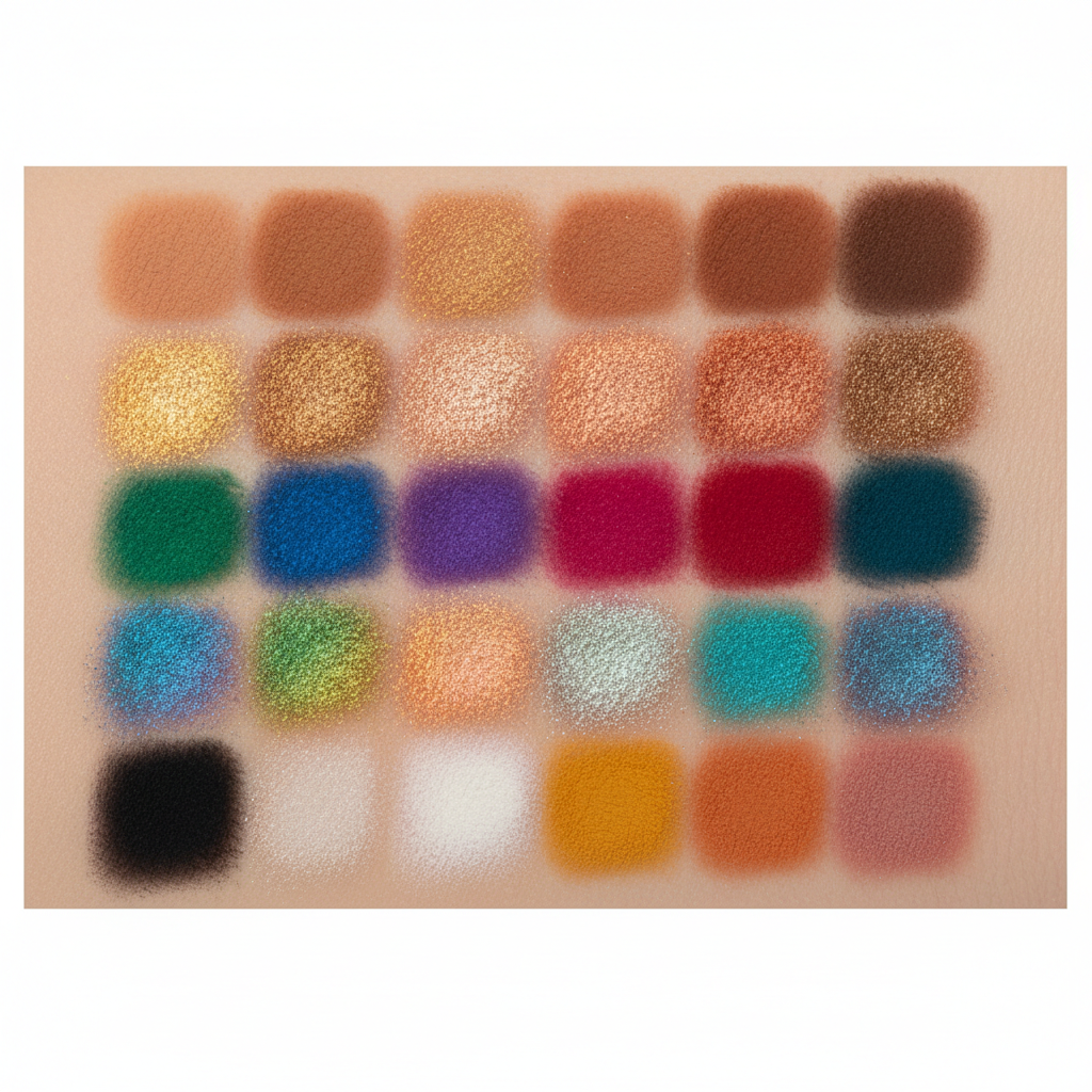 25 eyeshadow colour swatches on skin showing matte and shimmer finishes rich pigment payoff