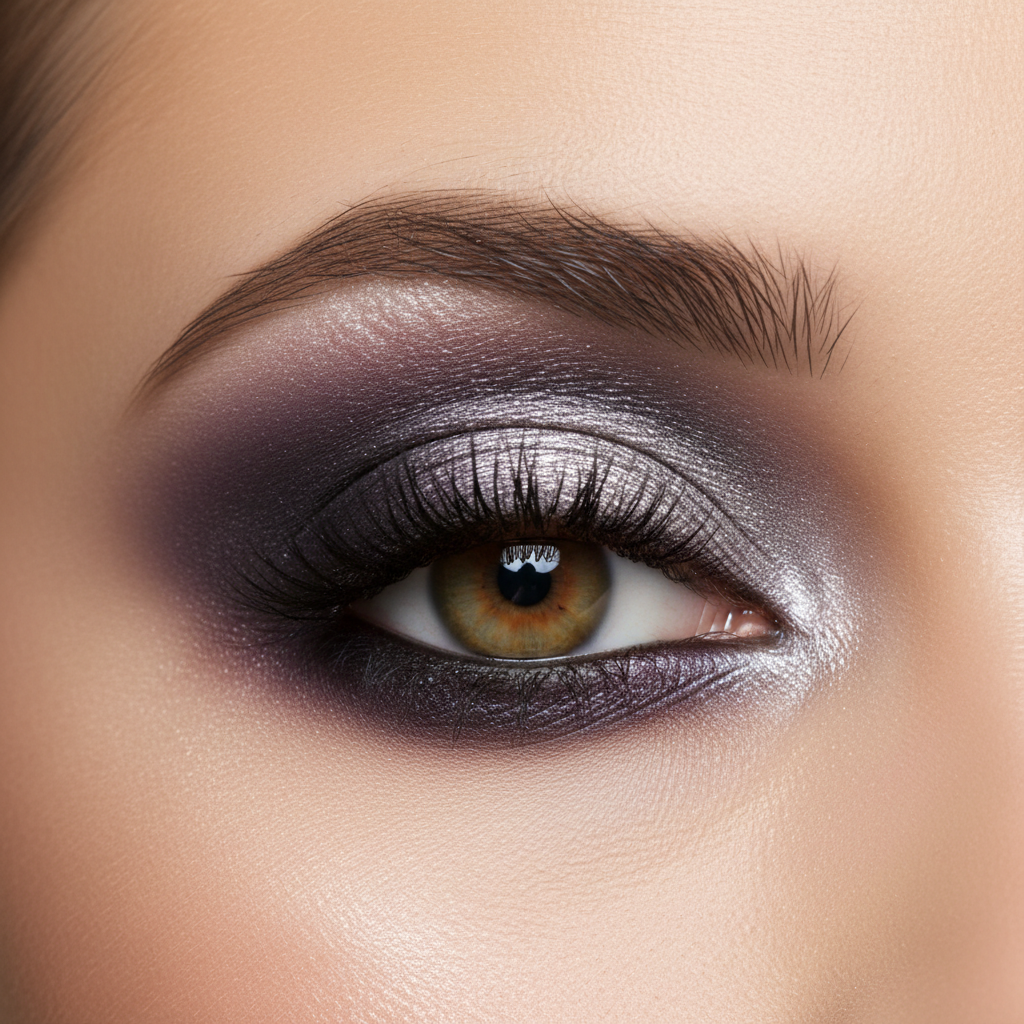 Woman with stunning blended eyeshadow look using matte and shimmer shades dramatic smoky eye